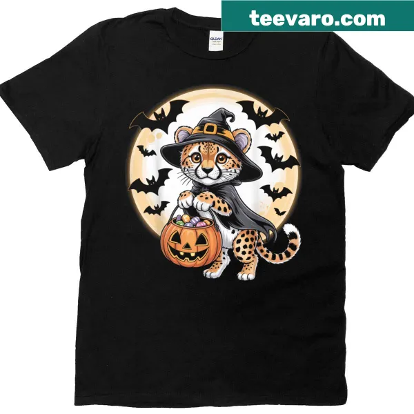 Vintage-style Halloween T-shirt featuring a cheetah, pumpkins, and ghosts