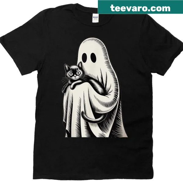 Vintage Halloween T-shirt with a ghost and black cat