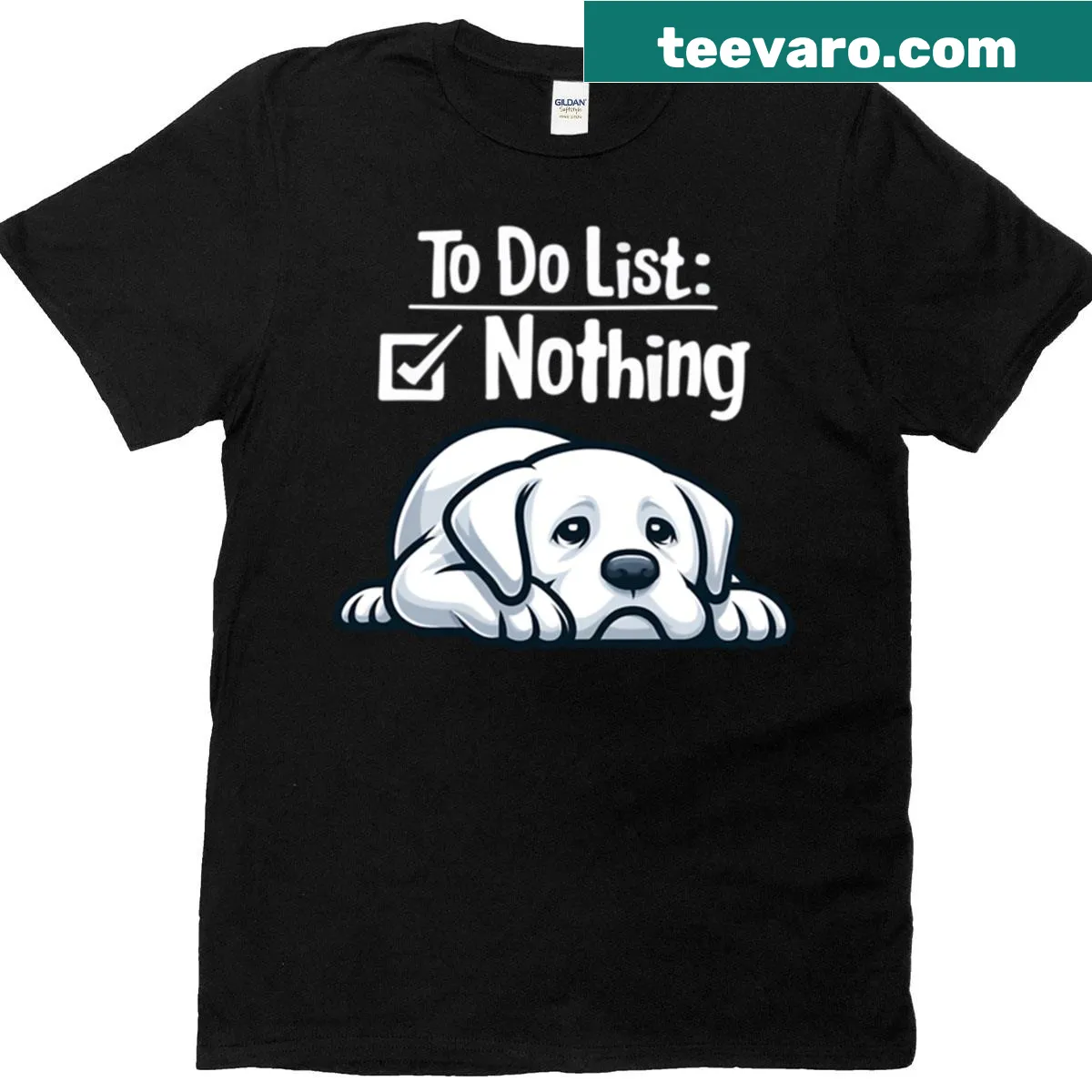 Funny T-shirt with a lazy to-do list featuring a white labrador — on a men's t-shirt