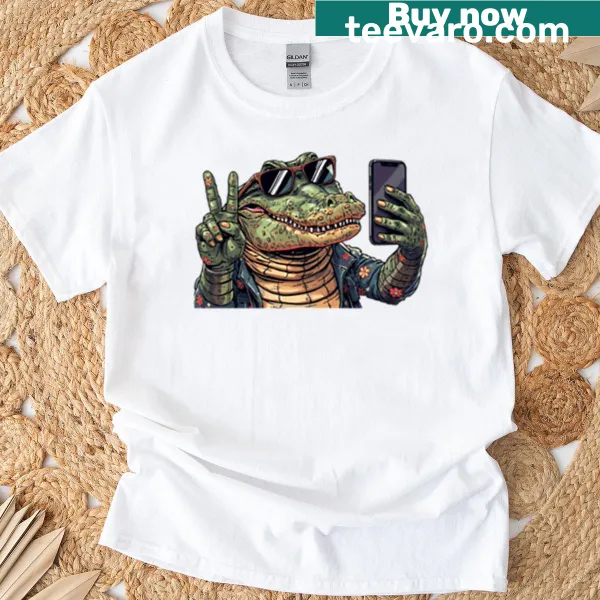Playful Gator Glam t-shirt with a cartoon alligator in floral denim
