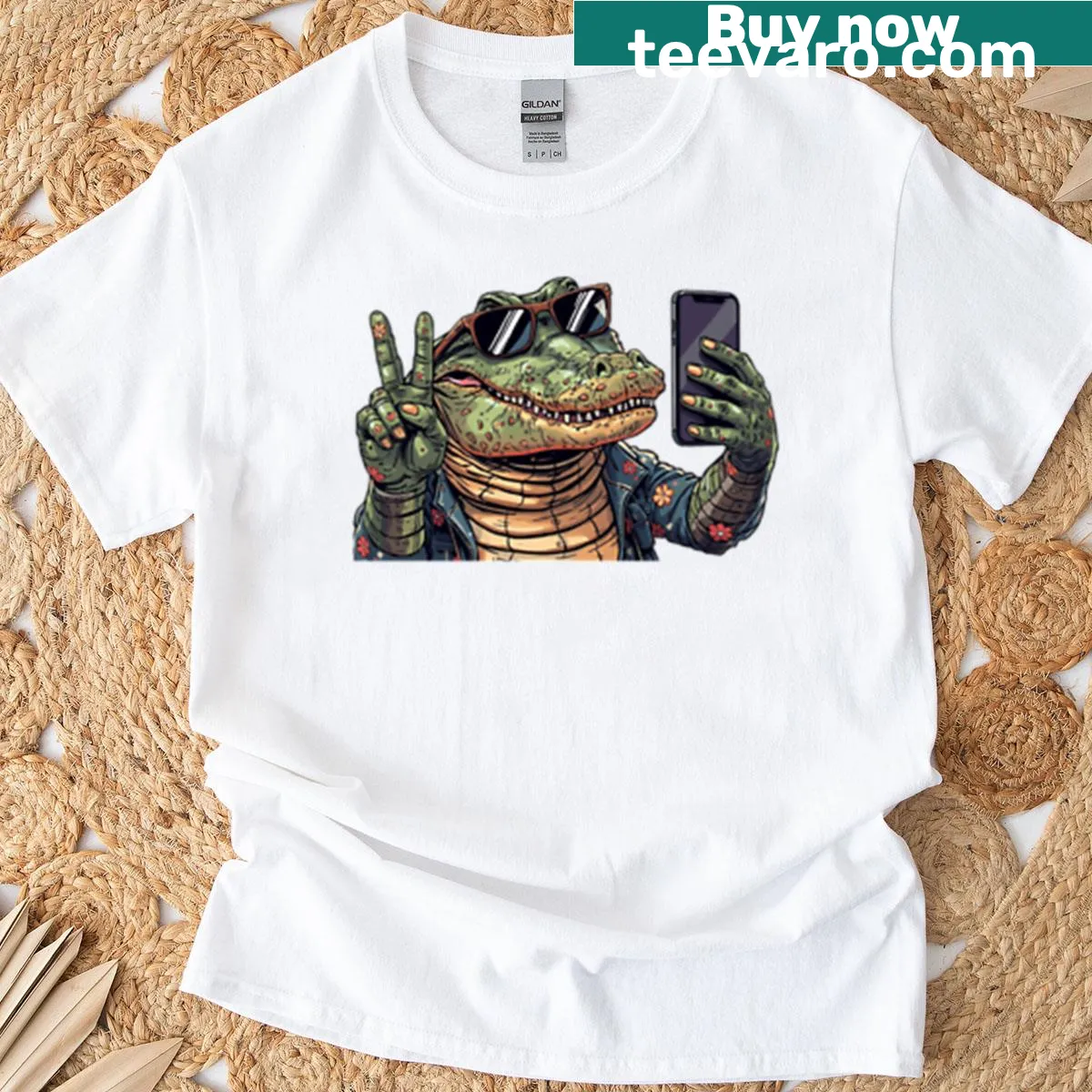 Playful Gator Glam t-shirt with a cartoon alligator in floral denim — on a men's t-shirt