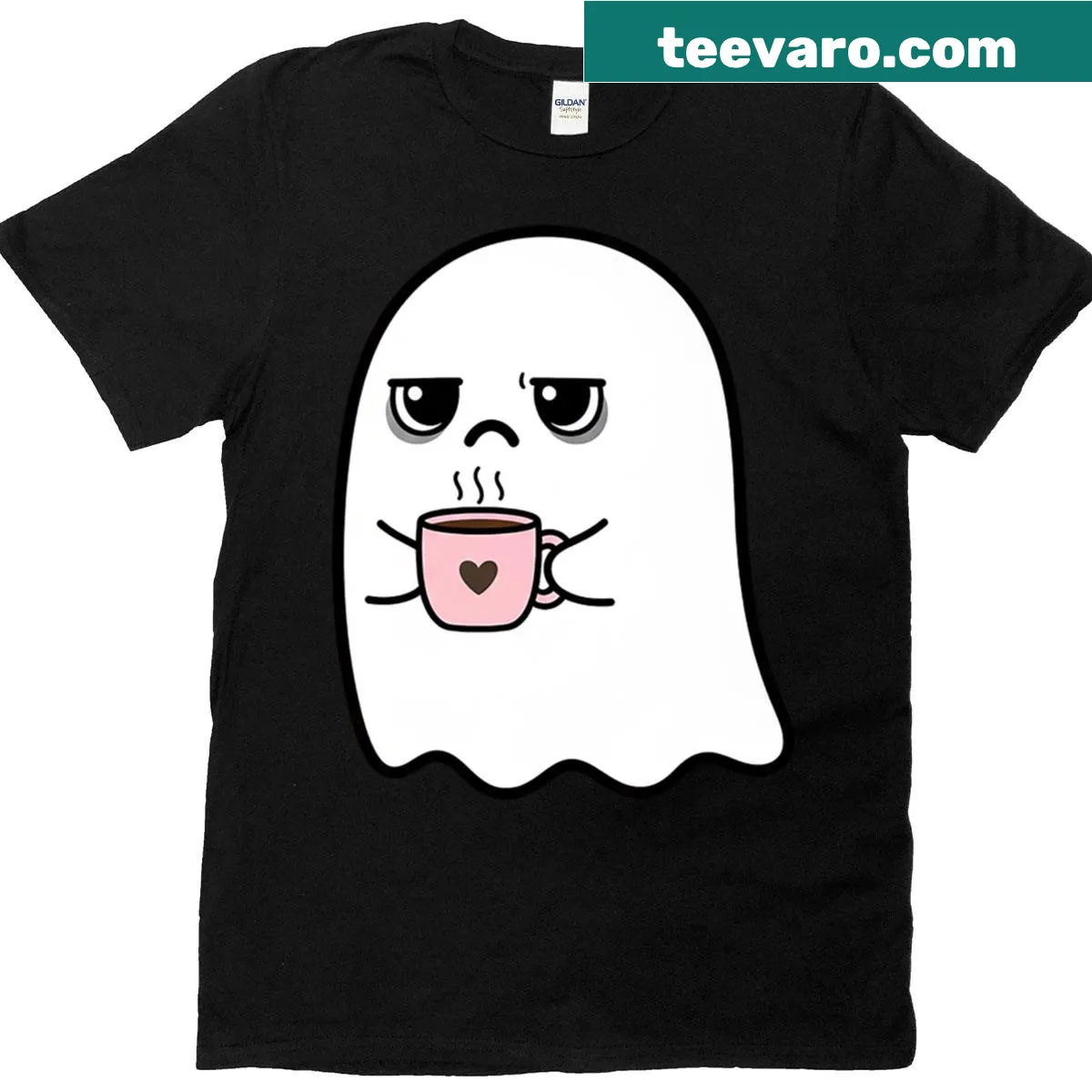 Cute ghost design holding a coffee cup on a t-shirt — on a men's t-shirt