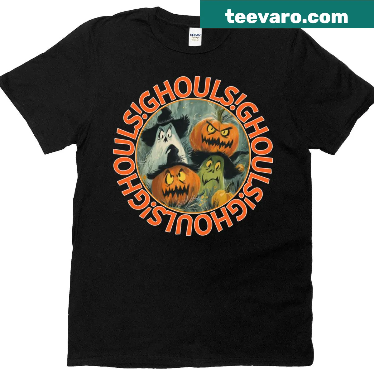 Retro Halloween T-shirt with ghouls, pumpkins, and ghosts graphic — on a men's t-shirt