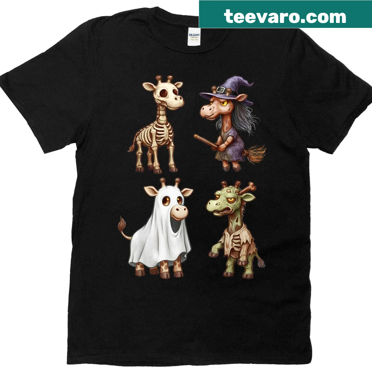 Cartoon giraffe in a zombie witch costume for Halloween — on a men's t-shirt