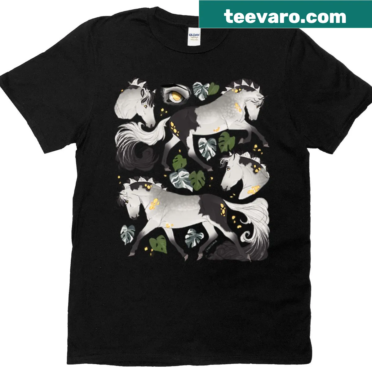 Illustration of a gray Chimera Fjord horse with ferns — on a men's t-shirt