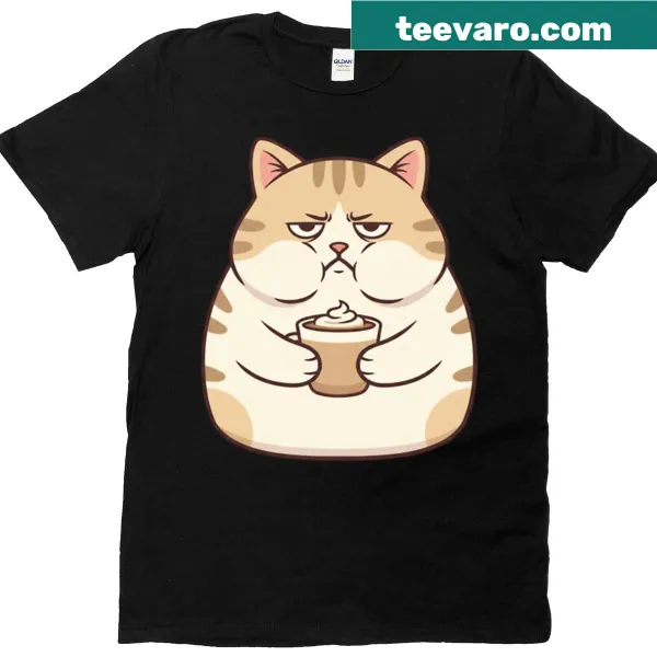 Funny T-shirt featuring a grumpy cat holding a coffee cup