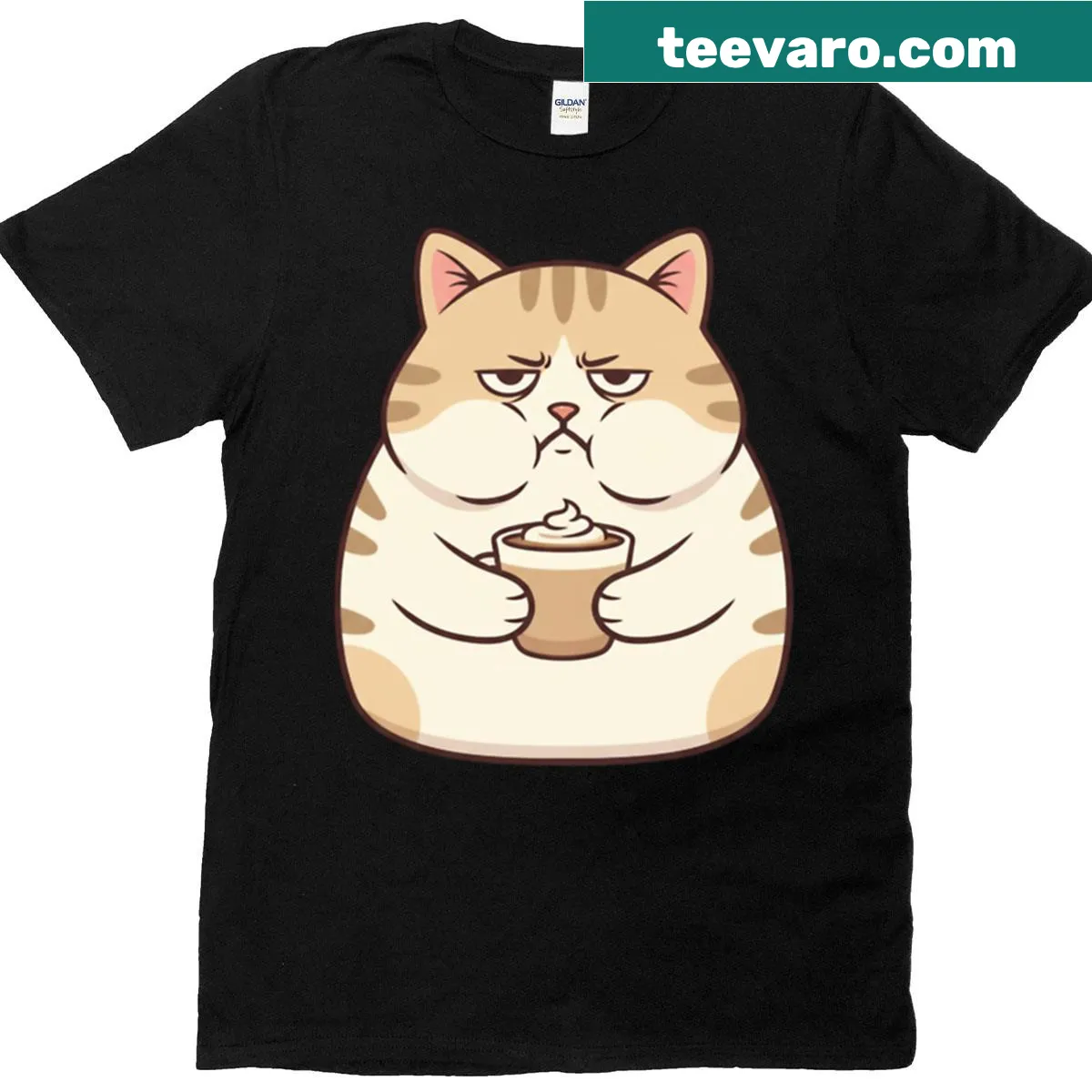 Funny T-shirt featuring a grumpy cat holding a coffee cup — on a men's t-shirt