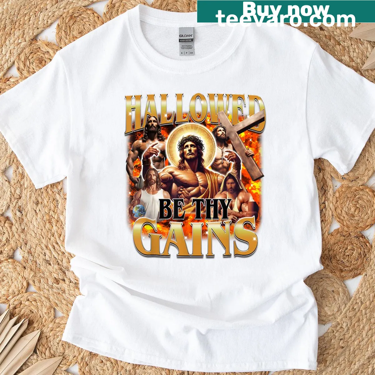 Funny gym-themed t-shirt with religious humor — on a men's t-shirt