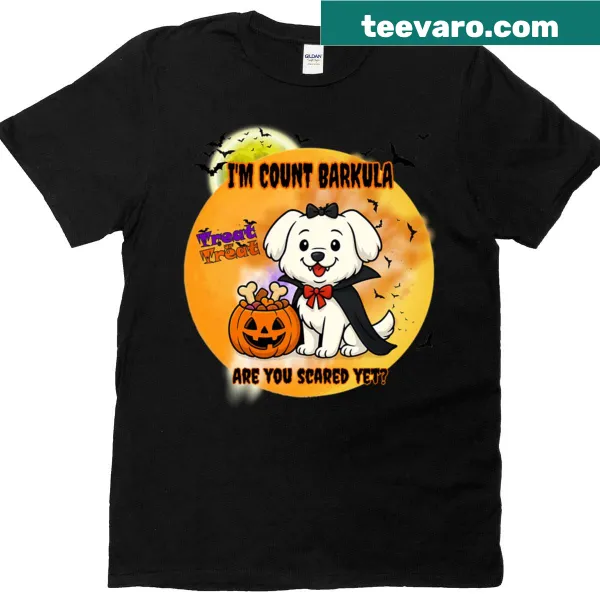 Cartoon Count Barkula dog t-shirt for Halloween with humorous design