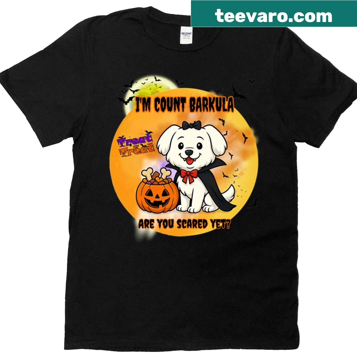 Cartoon Count Barkula dog t-shirt for Halloween with humorous design — on a men's t-shirt