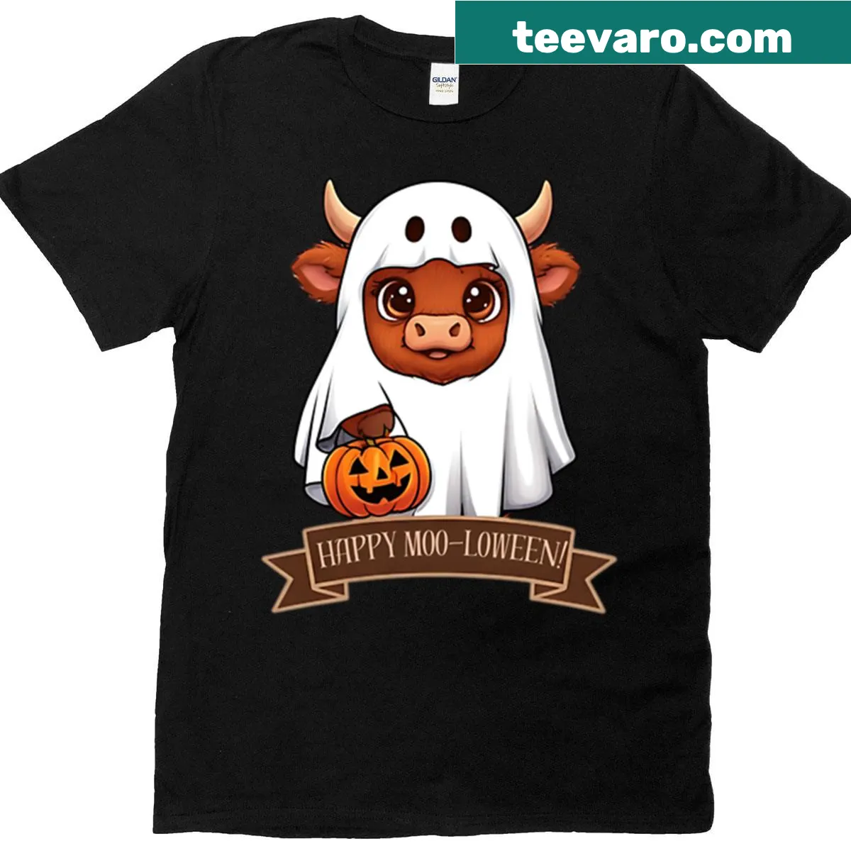 Cute Halloween t-shirt with a Highland cow ghost design — on a men's t-shirt