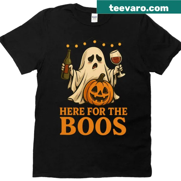 Oversized T-shirt featuring a ghost drinking wine with the phrase 'Here For The Boos'