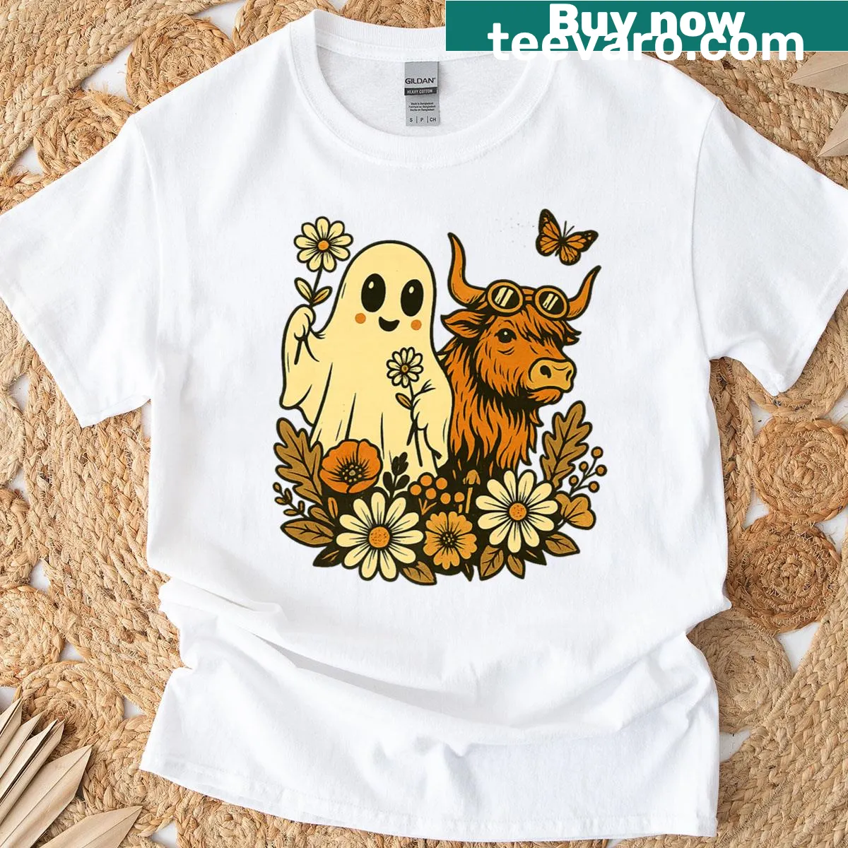 Cute Highland cow ghost T-shirt with floral design — on a men's t-shirt