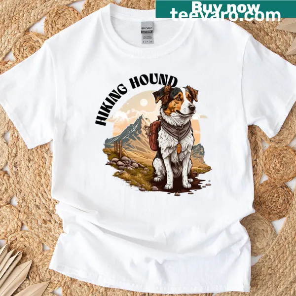 Cartoon dog hiking graphic on a funny tee for dog lovers