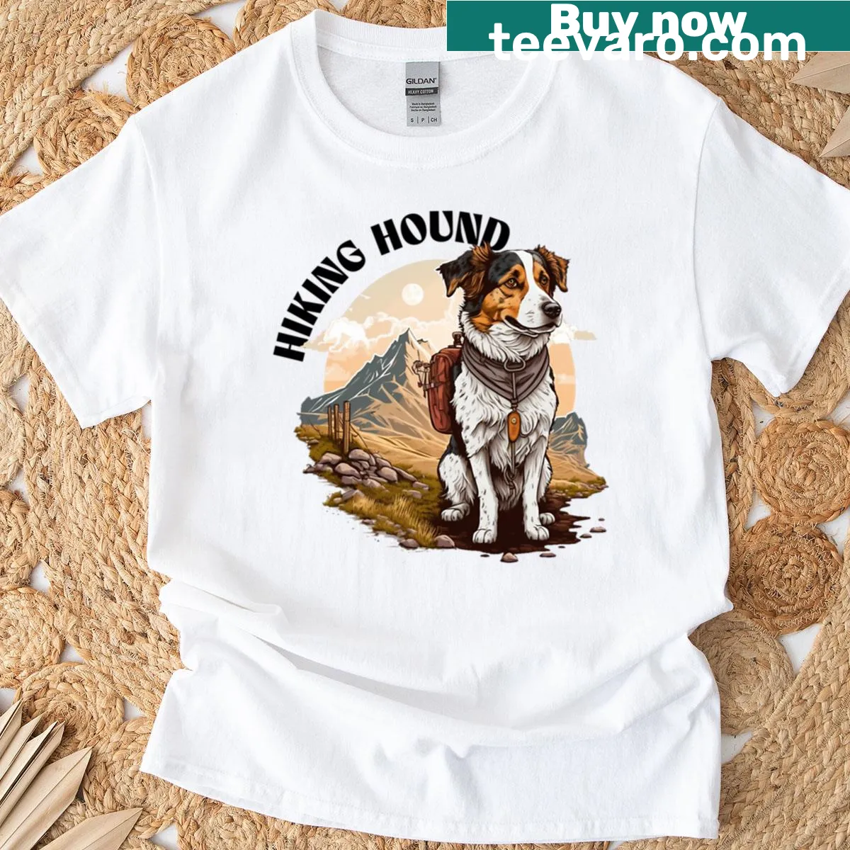 Cartoon dog hiking graphic on a funny tee for dog lovers — on a men's t-shirt