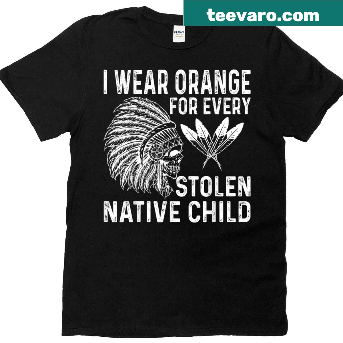 T-shirt with the phrase 'I Wear Orange For Every Stolen Native Child' — on a men's t-shirt