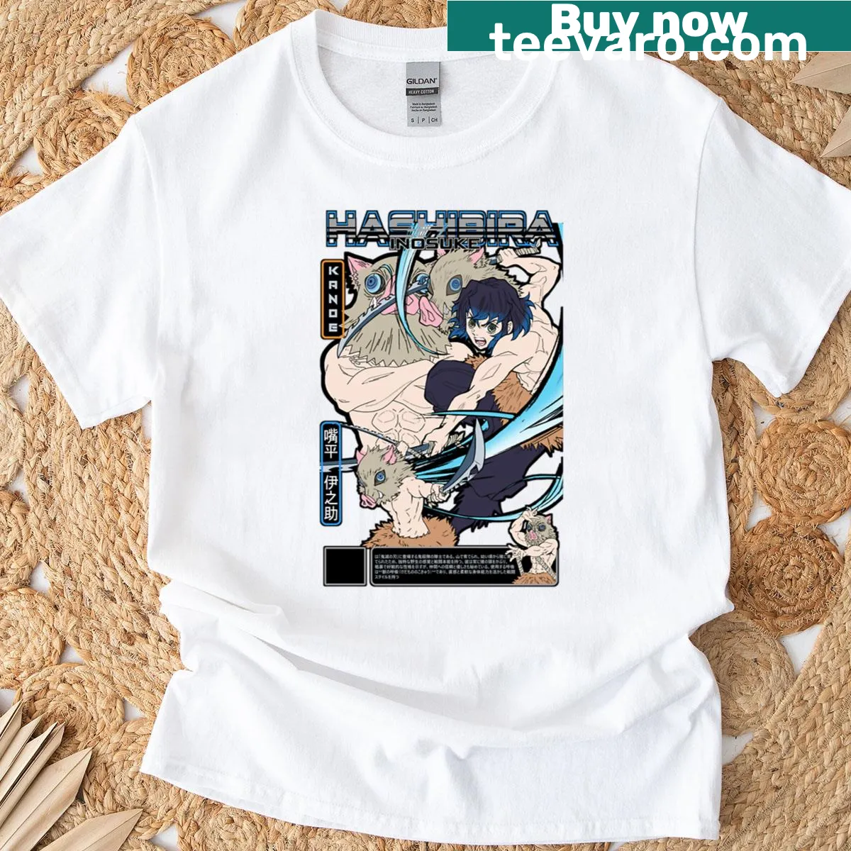 Illustration of Inosuke Hashibira from Demon Slayer — on a men's t-shirt