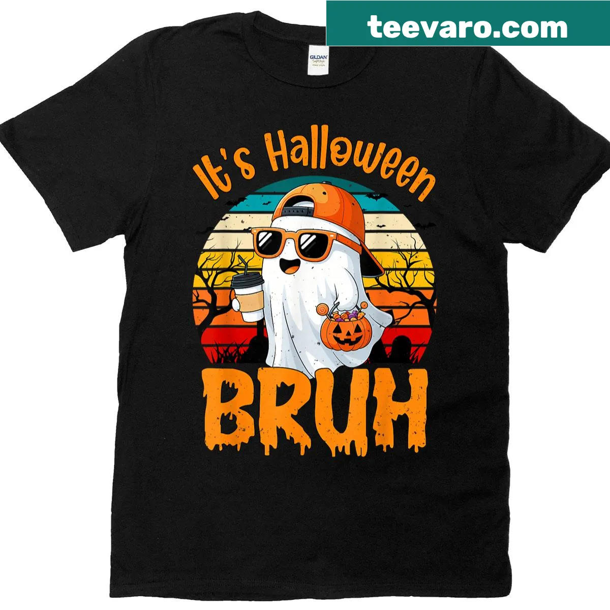 Funny Halloween T-shirt for kids featuring a ghost and coffee — on a men's t-shirt