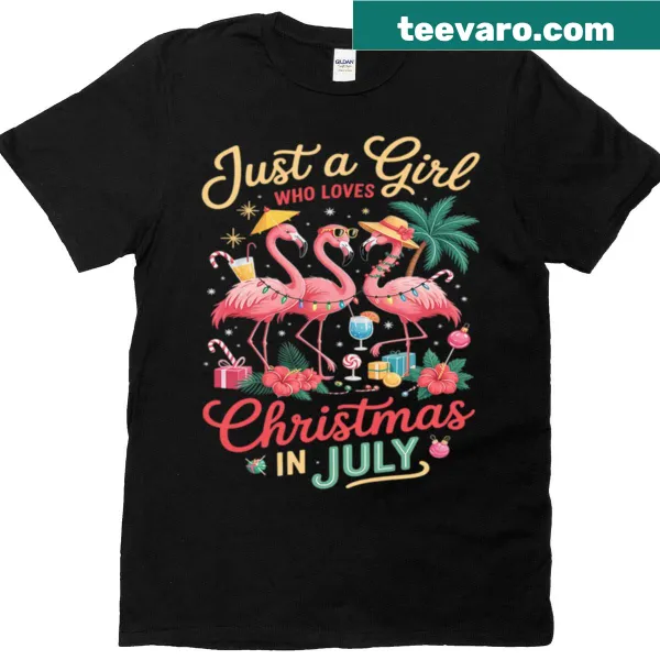 T-shirt with pink flamingo illustration celebrating Christmas in July