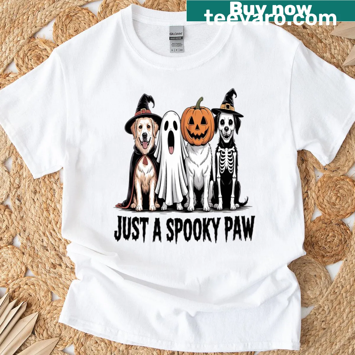 Halloween-themed dog t-shirt with spooky paw illustration — on a men's t-shirt