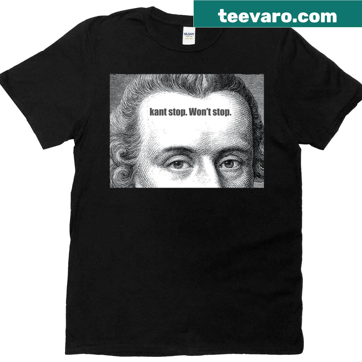 Bold typography t-shirt with the phrase 'Kant Stop Wont Stop'. — on a men's t-shirt