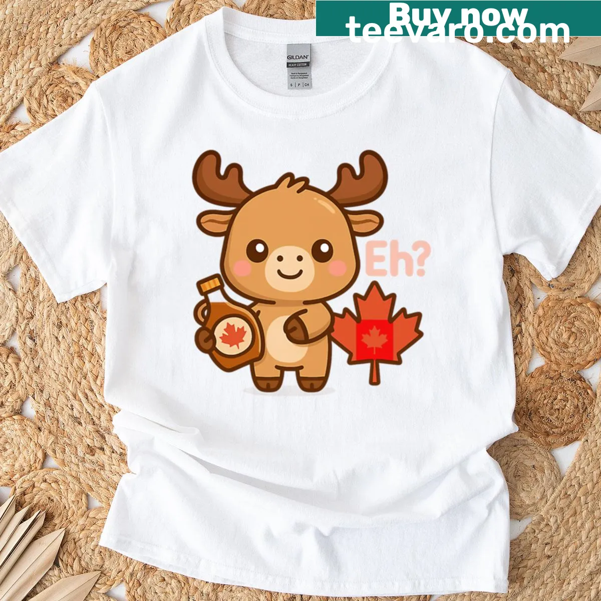 Cute moose and maple leaf illustration on t-shirt — on a men's t-shirt