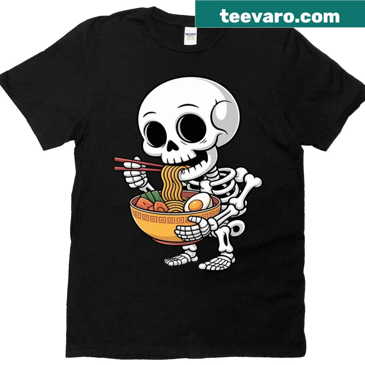 Kawaii-style T-shirt featuring a skeleton eating ramen for Halloween — on a men's t-shirt