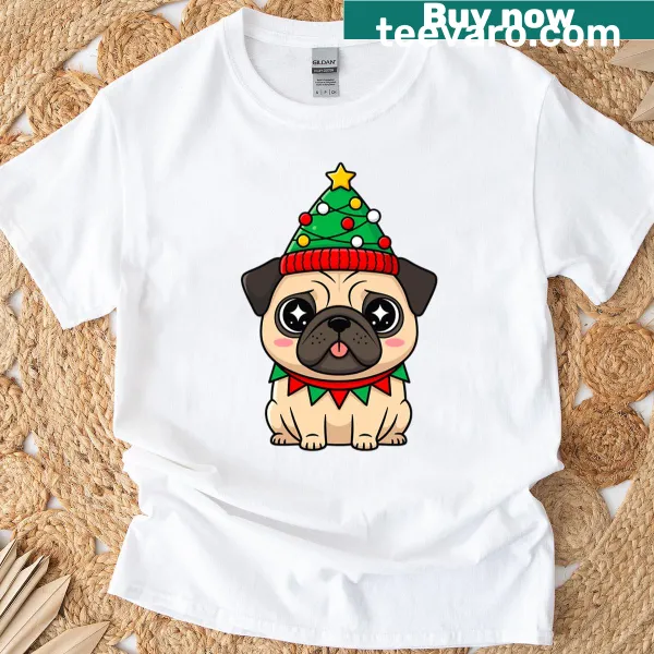 Festive kawaii pug puppy with Christmas tree hat