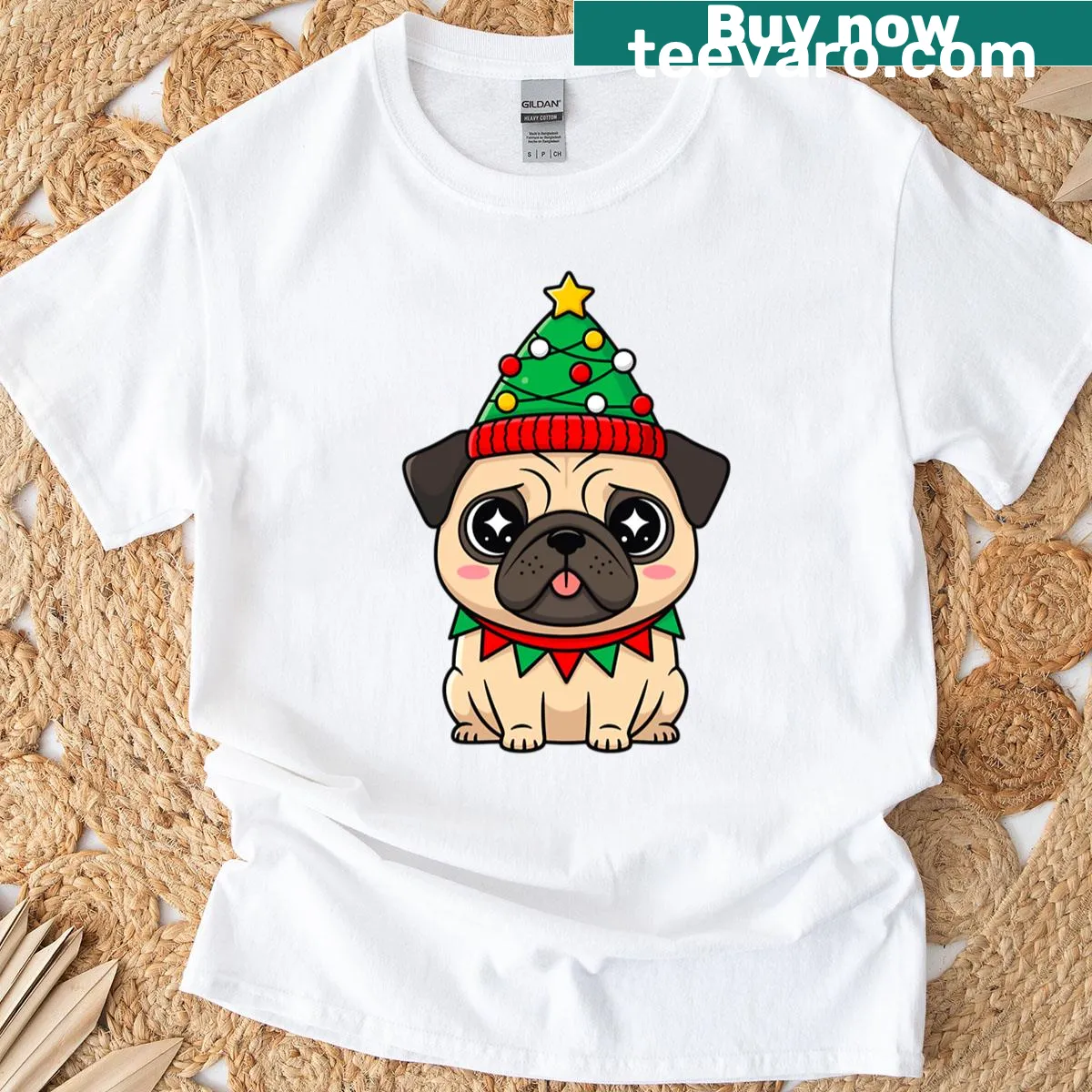 Festive kawaii pug puppy with Christmas tree hat — on a men's t-shirt