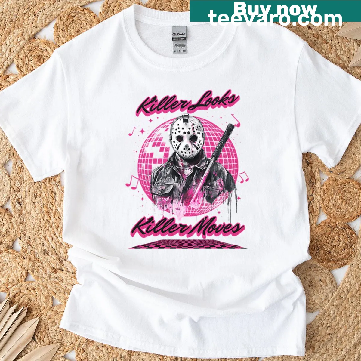 Retro horror-themed T-shirt with disco vibes text — on a men's t-shirt