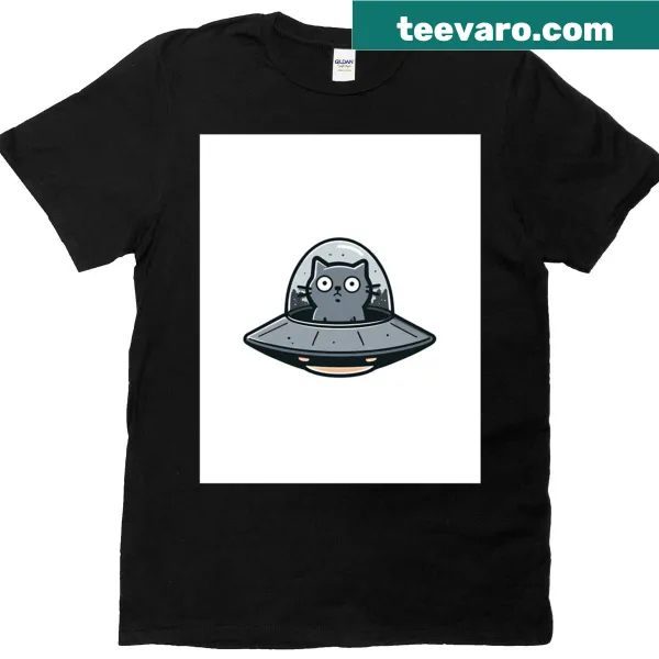 Playful graphic t-shirt featuring a cat being beamed up by a UFO