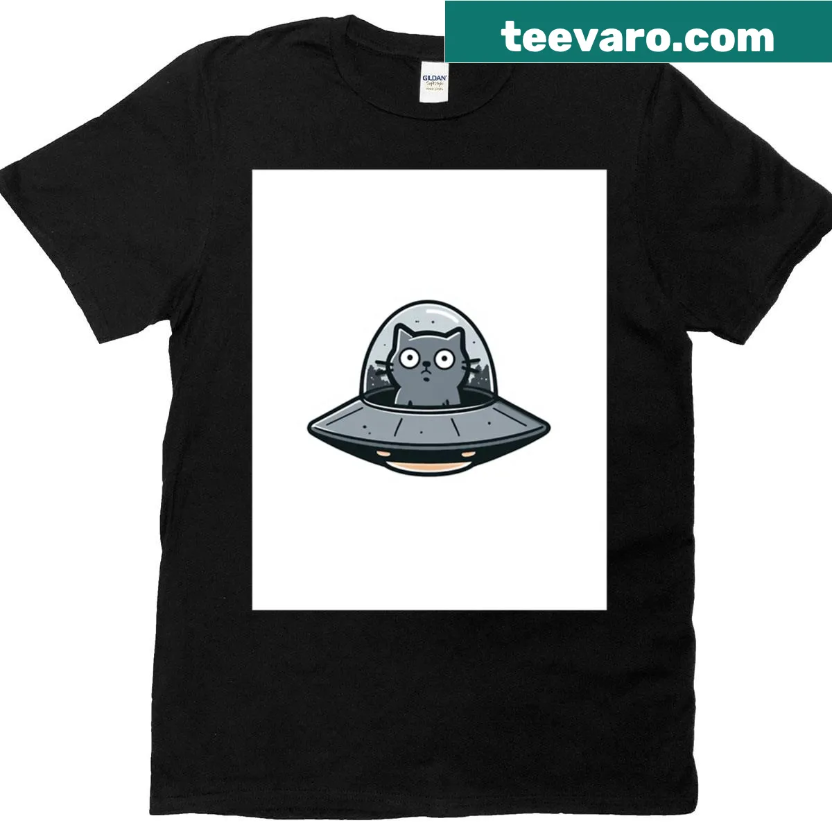 Playful graphic t-shirt featuring a cat being beamed up by a UFO — on a men's t-shirt