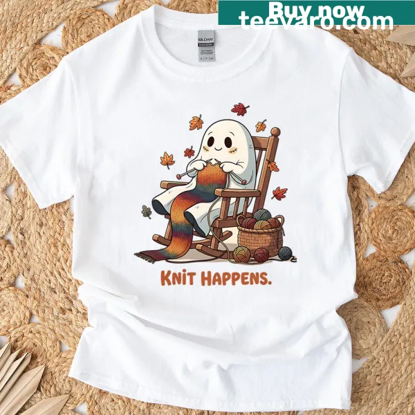 Whimsical T-shirt with the phrase 'Knit Happens'