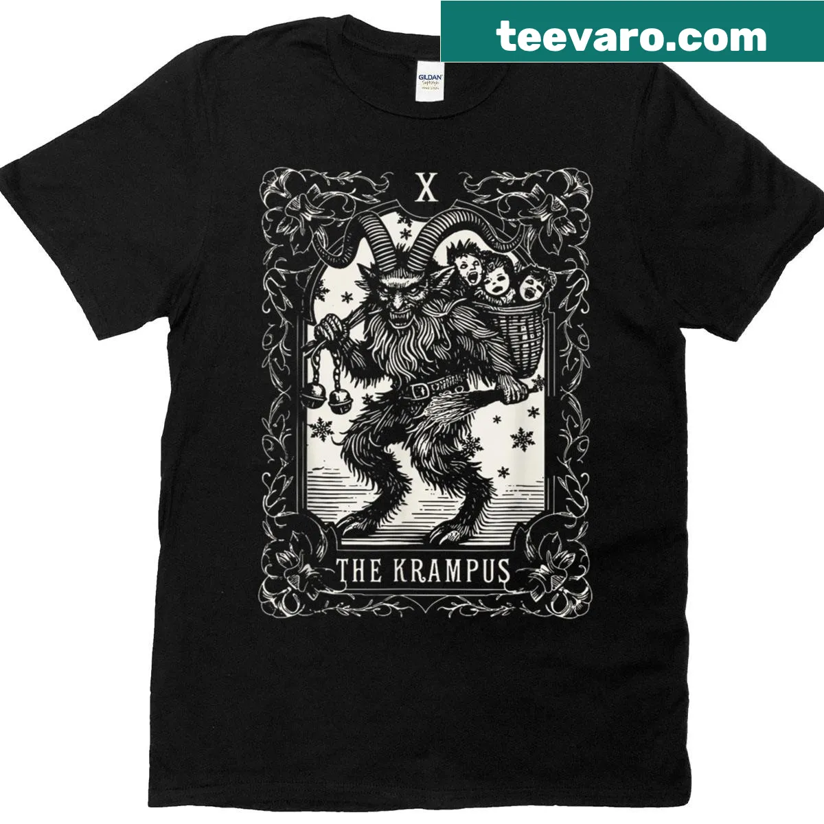 Tarot card style Krampus illustration on a Christmas t-shirt — on a men's t-shirt