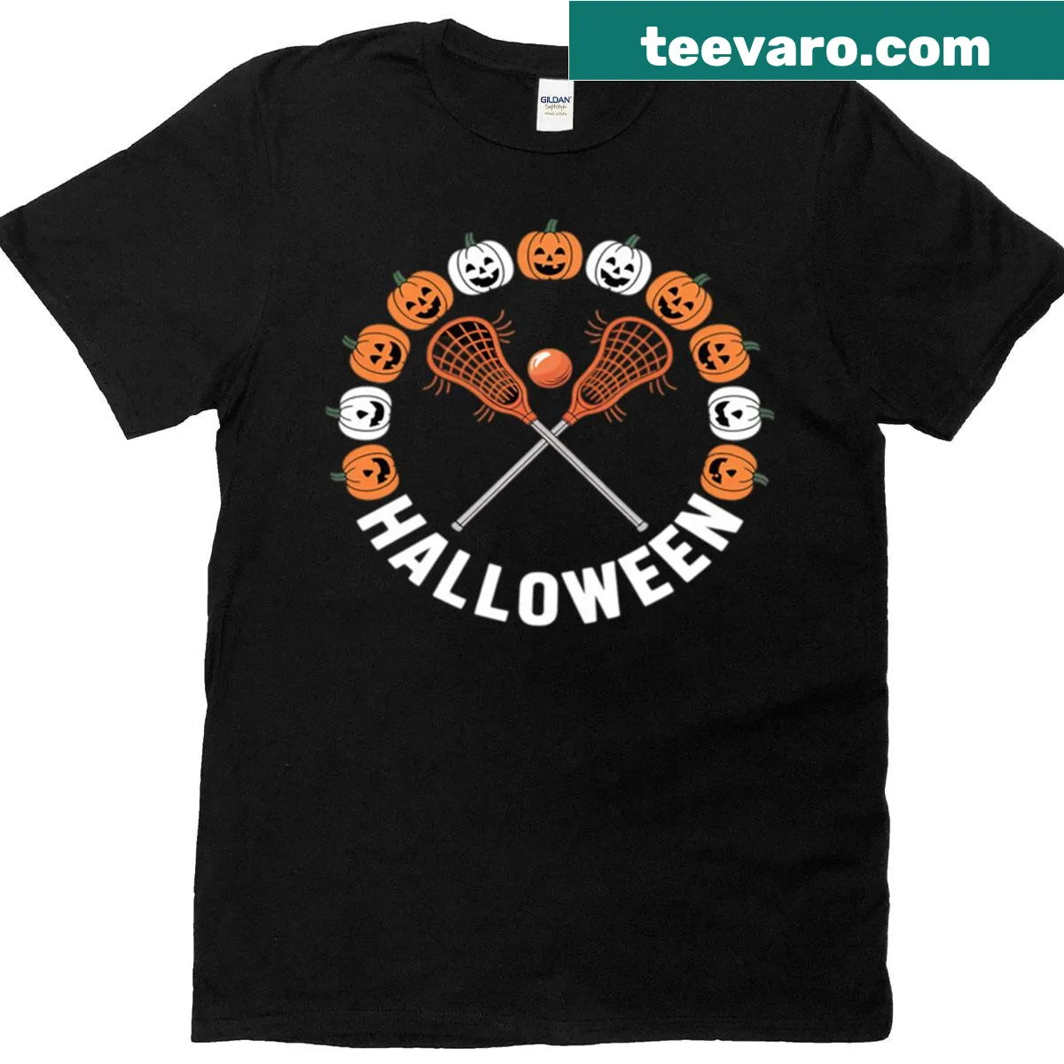 Lacrosse Halloween T-shirt with pumpkins and lacrosse graphics — on a men's t-shirt