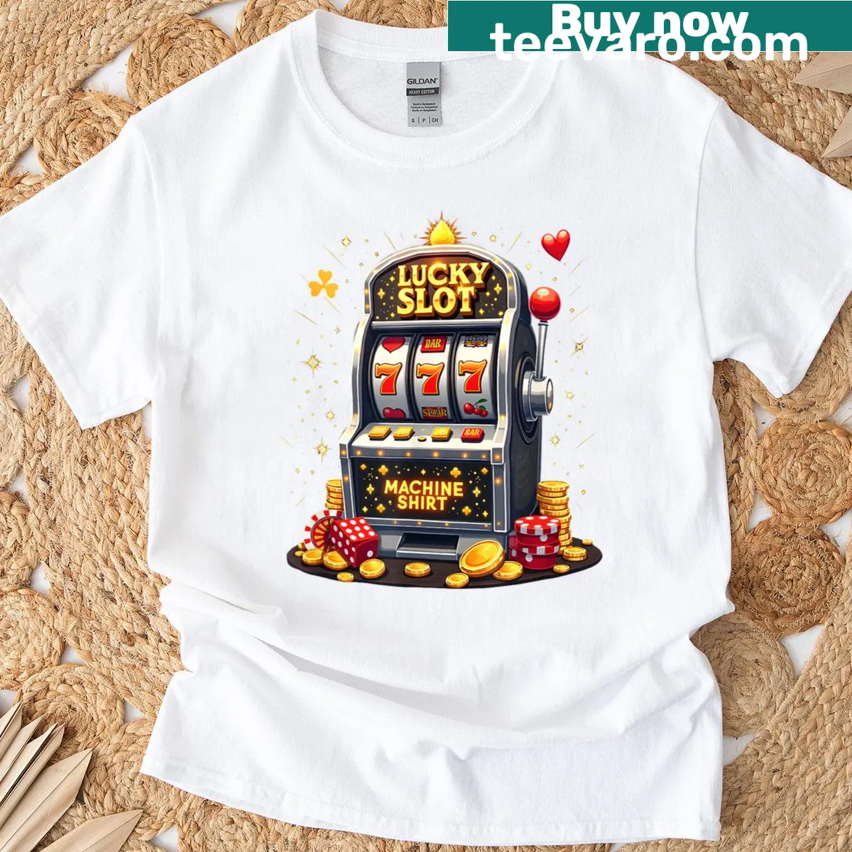 Lucky slot machine graphic celebrating Las Vegas — on a men's t-shirt