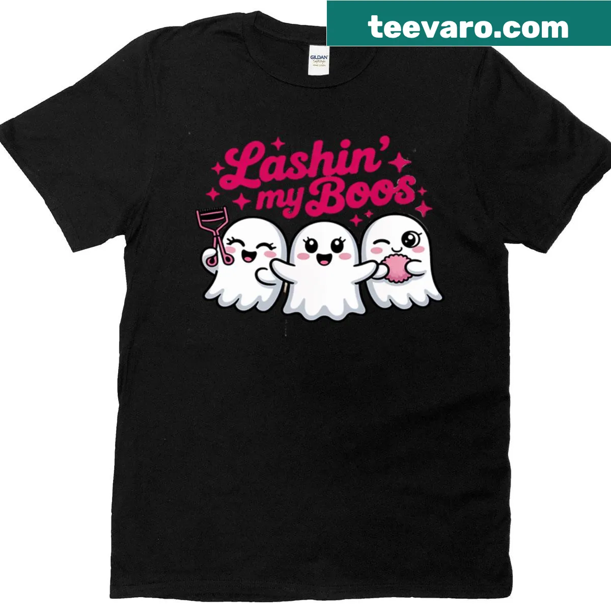 Funny Halloween t-shirt for lash artists with text 'Lashin My Boos' — on a men's t-shirt