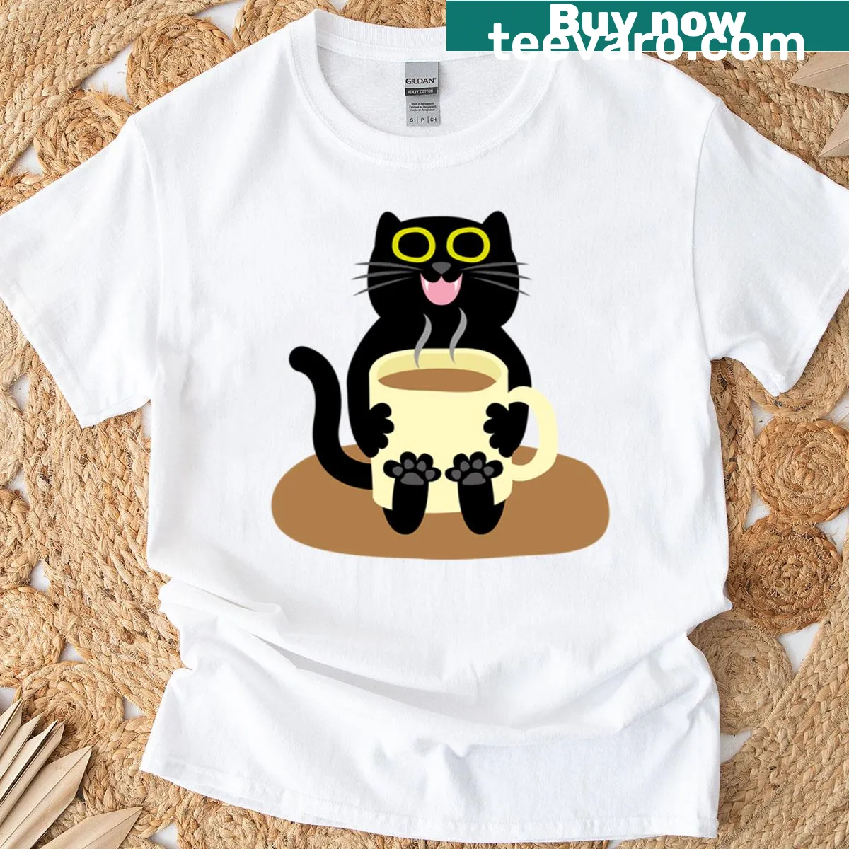Funny black cat with coffee mug graphic t-shirt — on a men's t-shirt