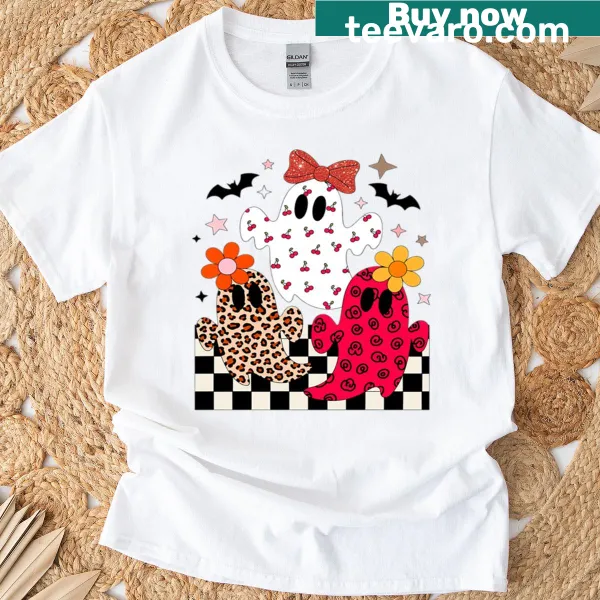 Neon Halloween t-shirt with a leopard checker pattern and playful ghost graphic