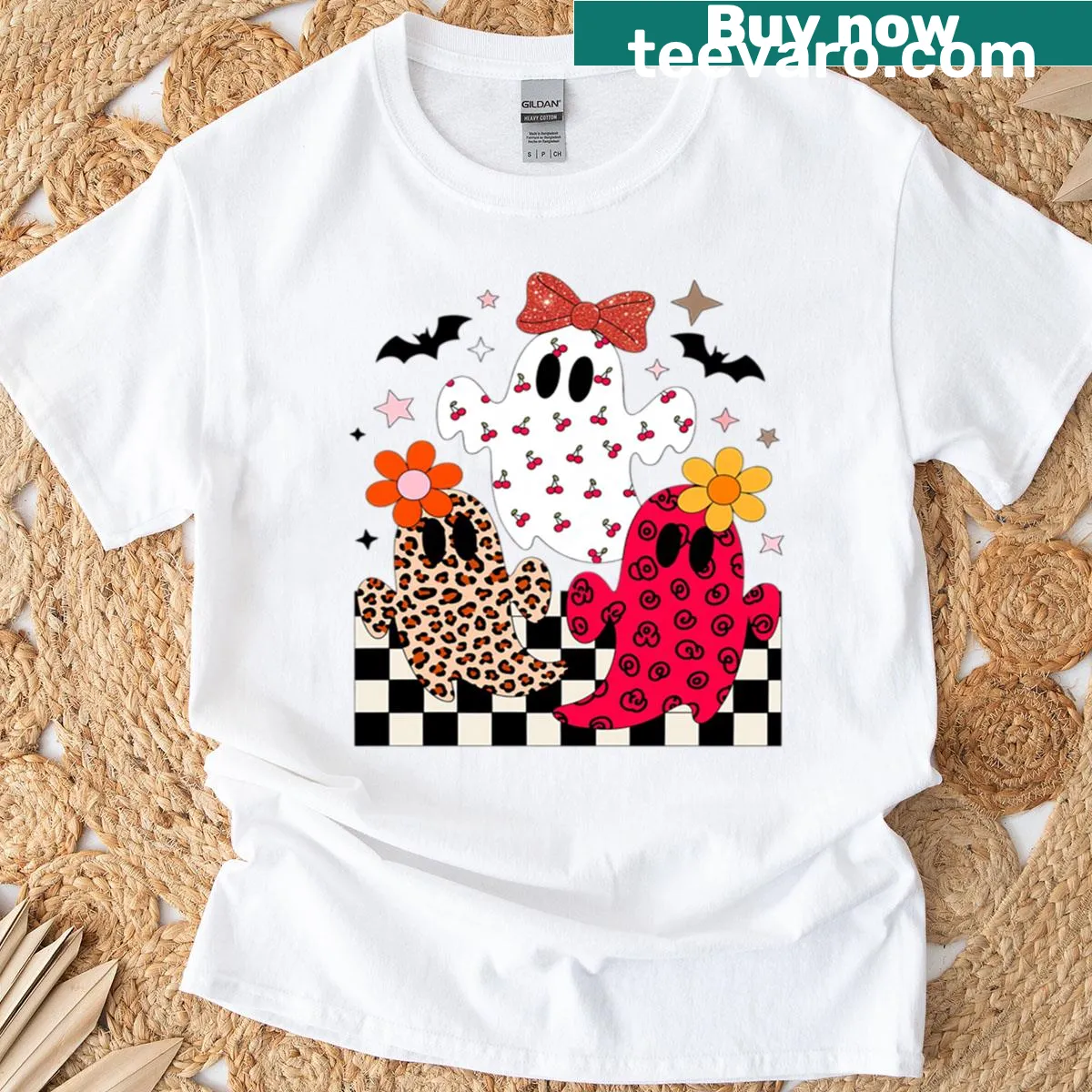 Neon Halloween t-shirt with a leopard checker pattern and playful ghost graphic — on a men's t-shirt
