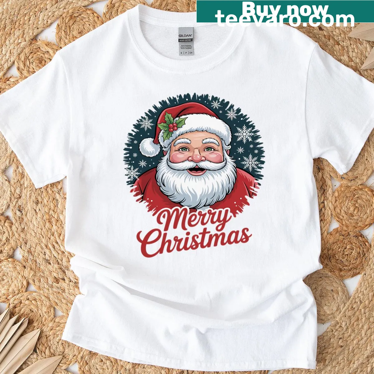 Leopard print Christmas tee with Santa hat and festive text — on a men's t-shirt