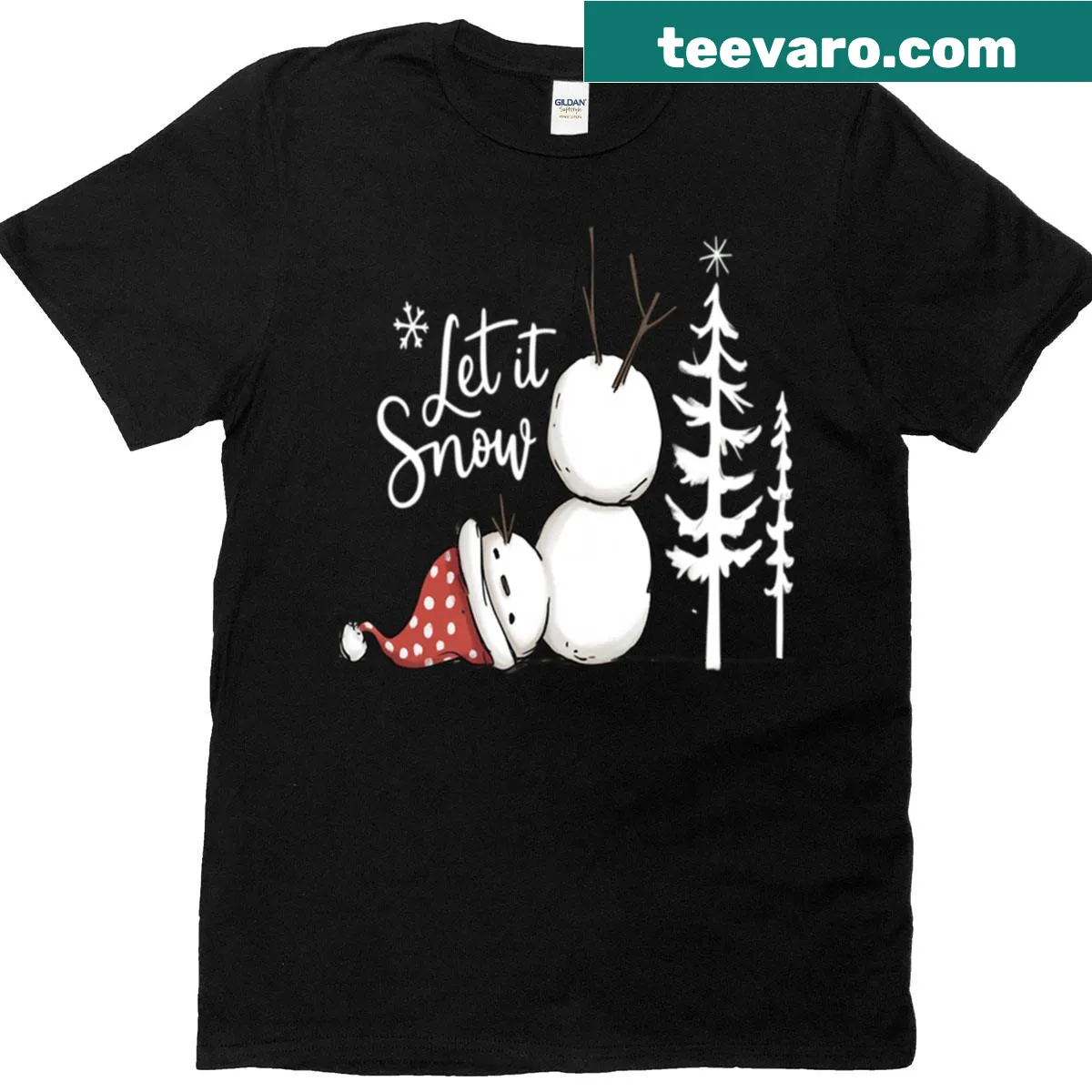 Christmas T-shirt with a snowman and 'Let It Snow' text — on a men's t-shirt