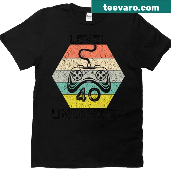 T-shirt announcing 'Level 40 Unlocked' in playful typography