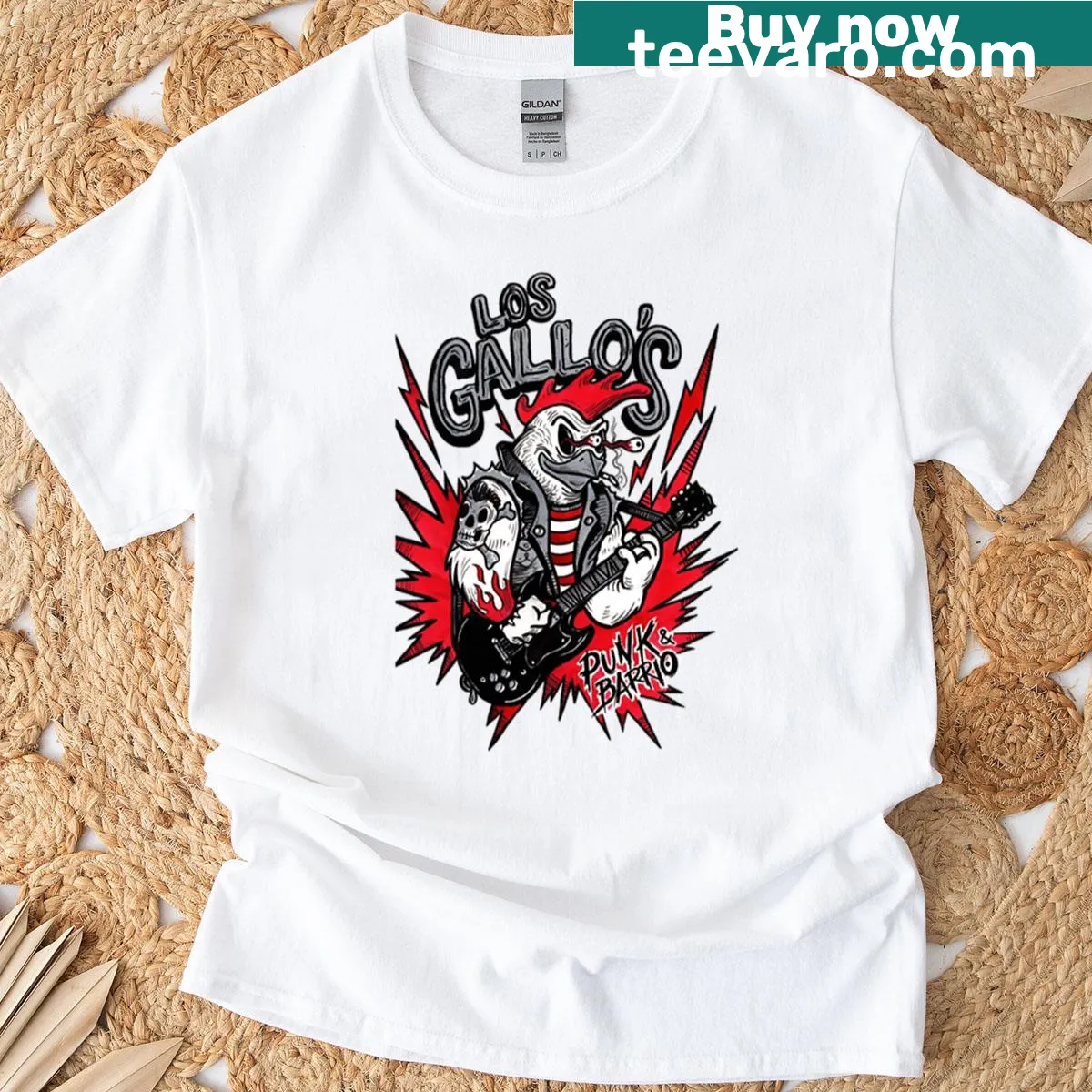 Los Gallos T-shirt featuring punk and barrio culture design — on a men's t-shirt