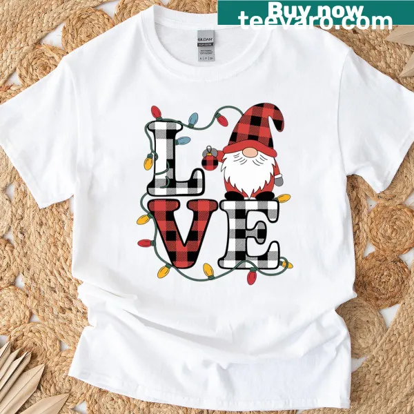 Gnome graphic with Christmas lights on a t-shirt