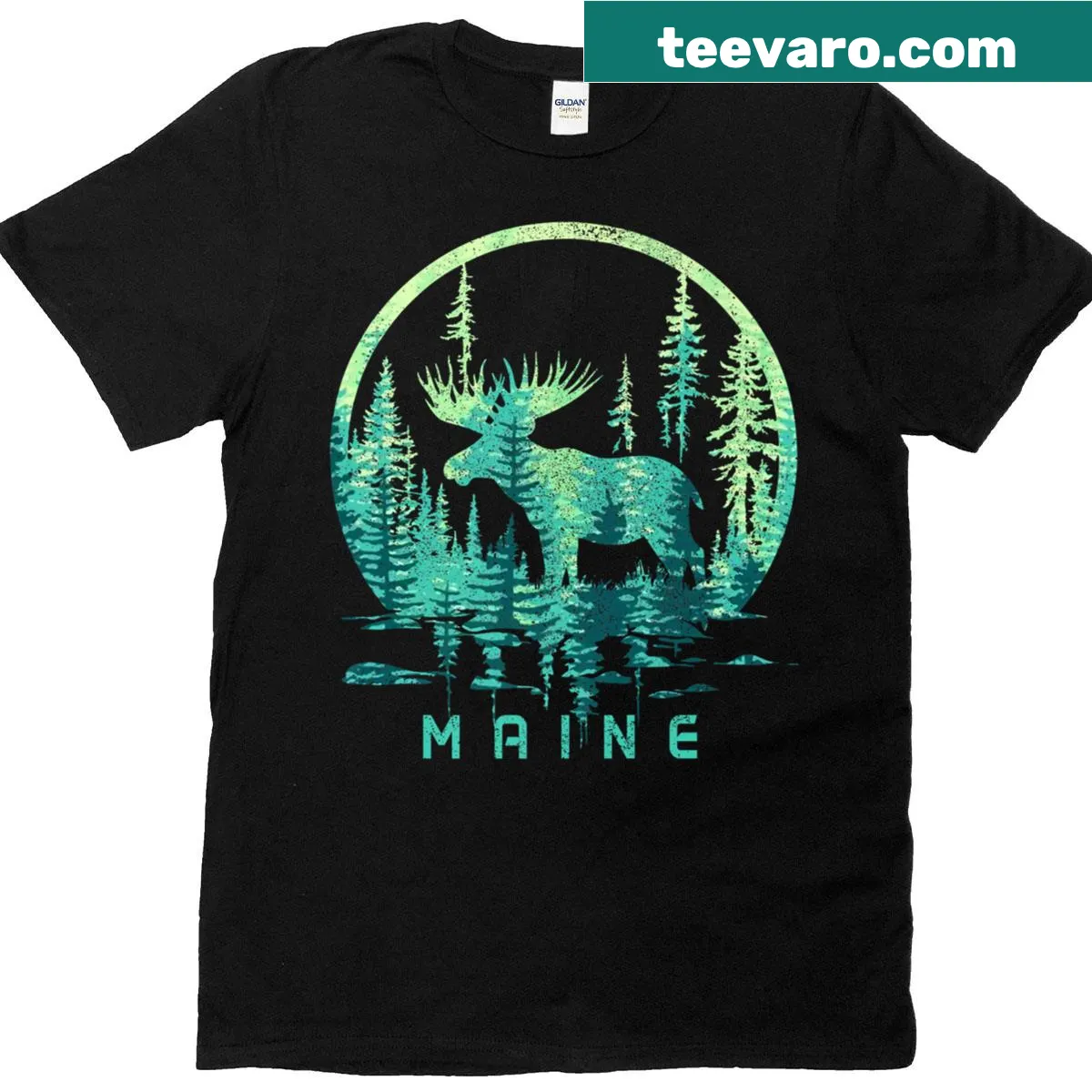 Vintage-style Maine-themed t-shirt with a moose and pine tree graphic. — on a men's t-shirt