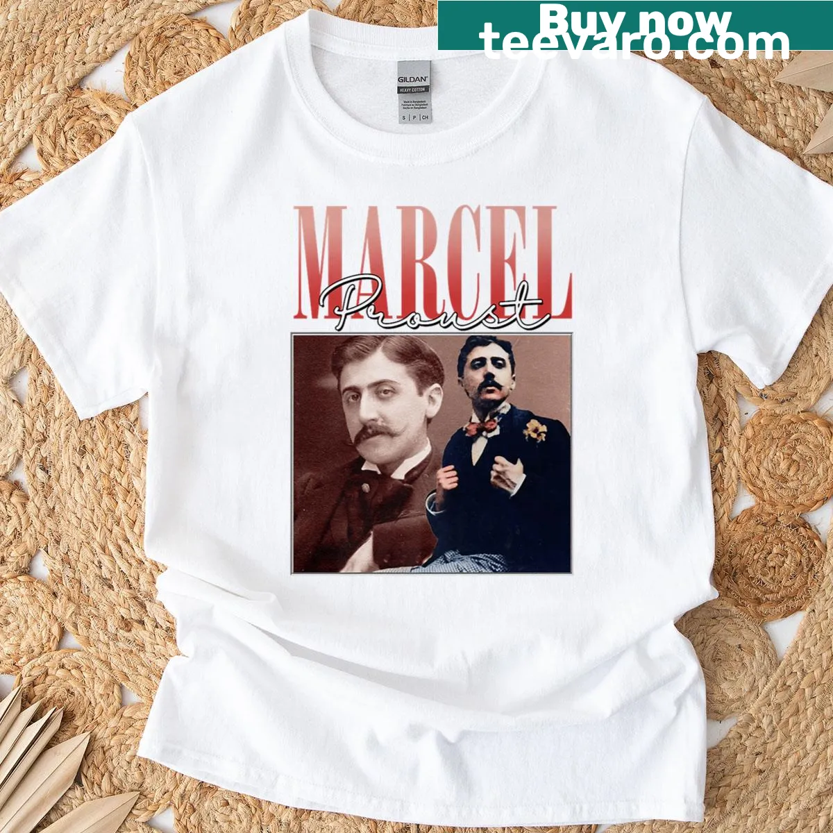 Retro vintage t-shirt featuring Marcel Proust literary design — on a men's t-shirt