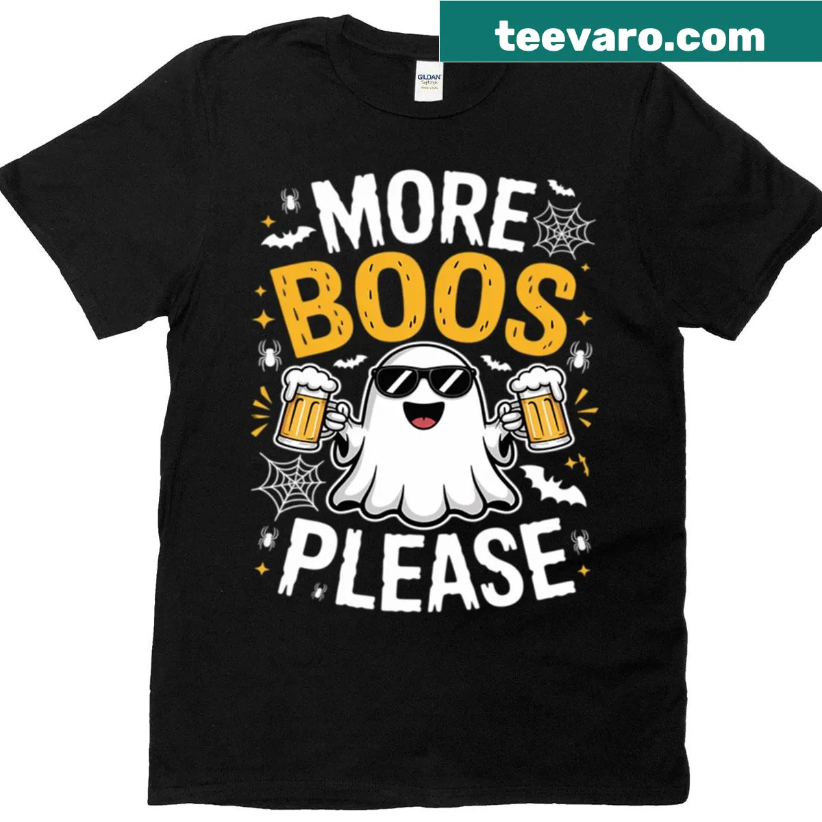 Funny Halloween T-shirt with a ghost and 'More Boos Please' text — on a men's t-shirt