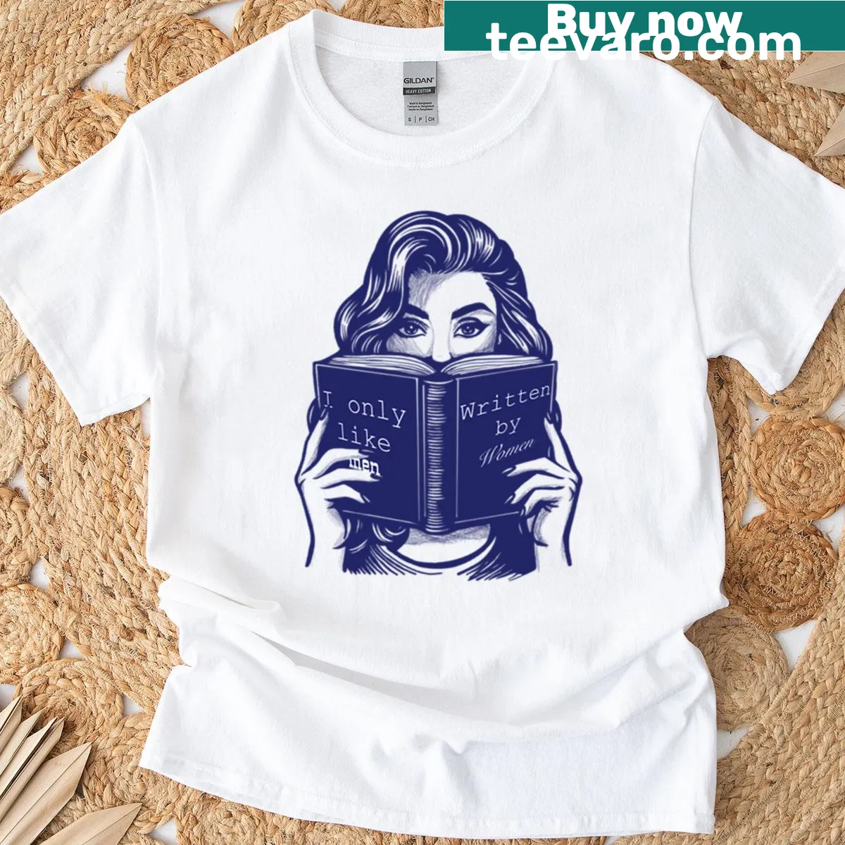 Typography t-shirt stating 'Men Written By Women' — on a men's t-shirt