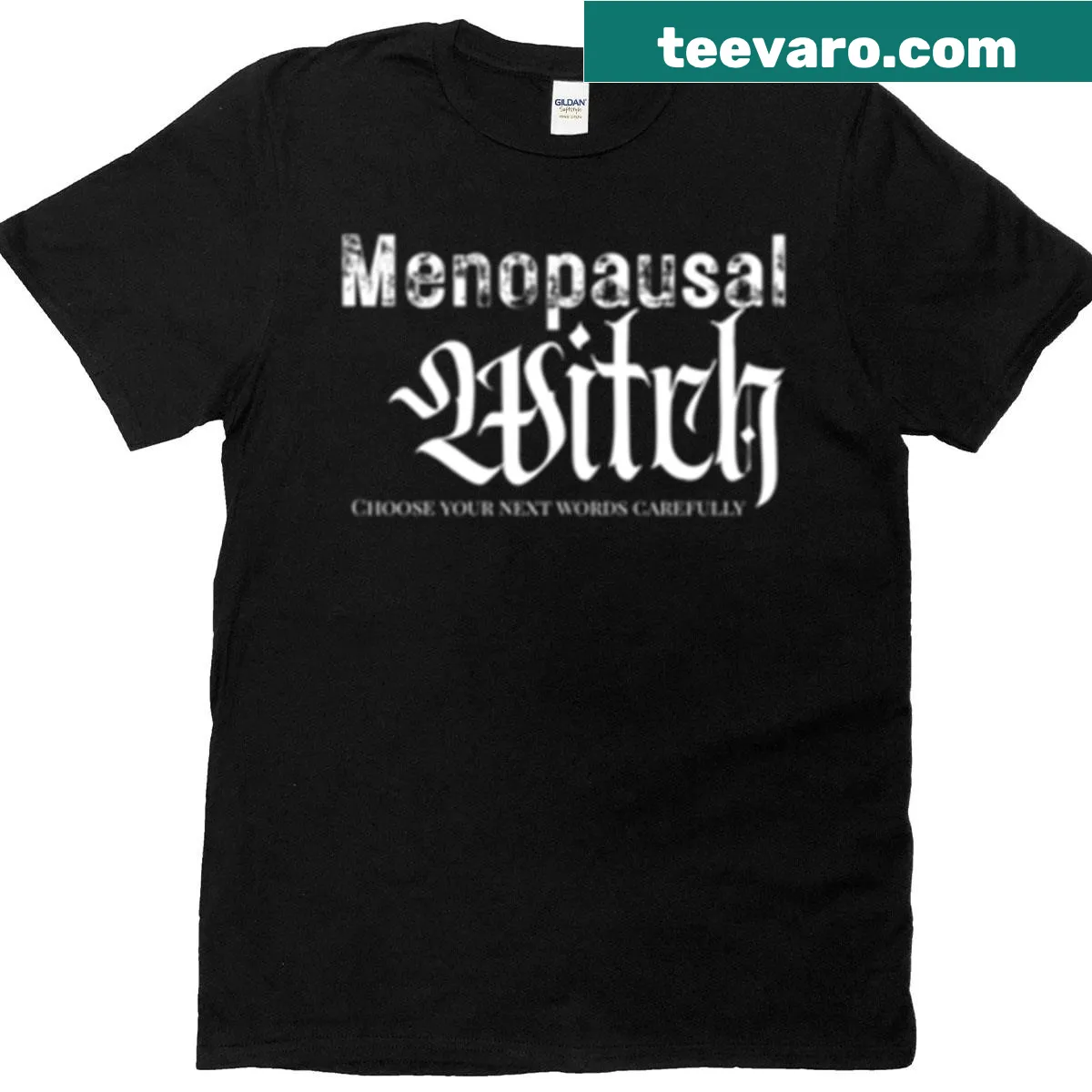 Whimsical menopausal witch graphic with magical elements on t-shirt — on a men's t-shirt